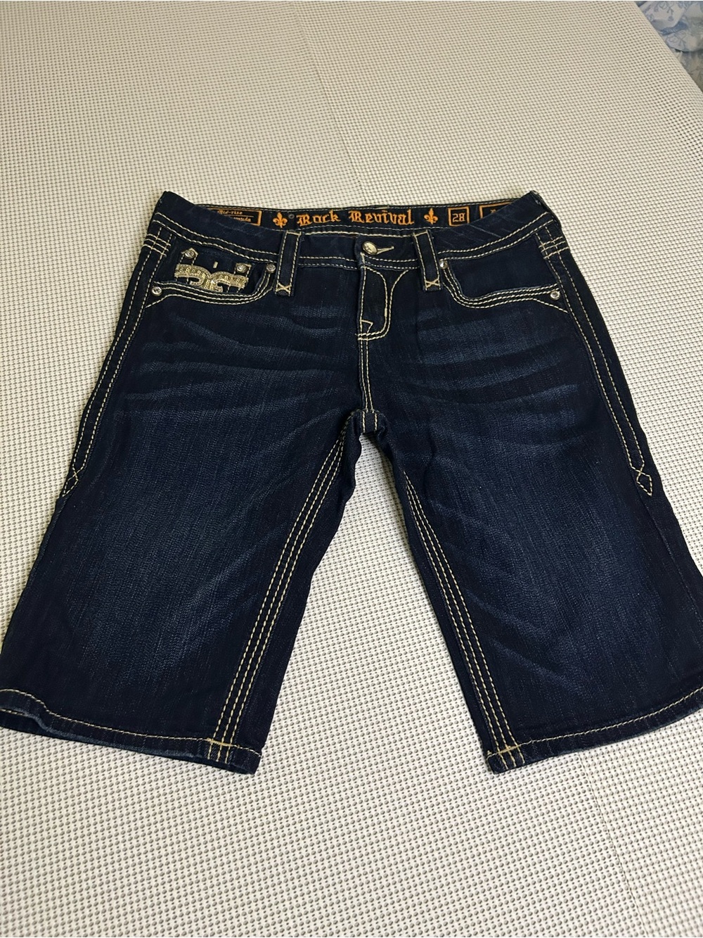 Rock Revival Navy Denim Shorts with Gold Accents